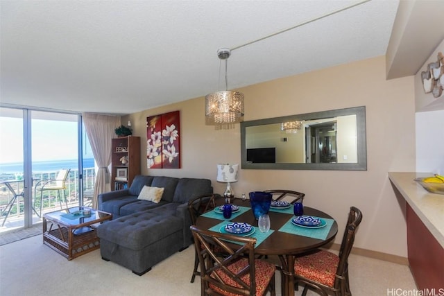 living room featuring carpet flooring, floor to ceiling windows, and baseboards