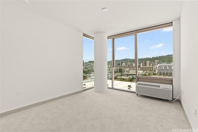 spare room with expansive windows, carpet flooring, a view of city, and baseboards