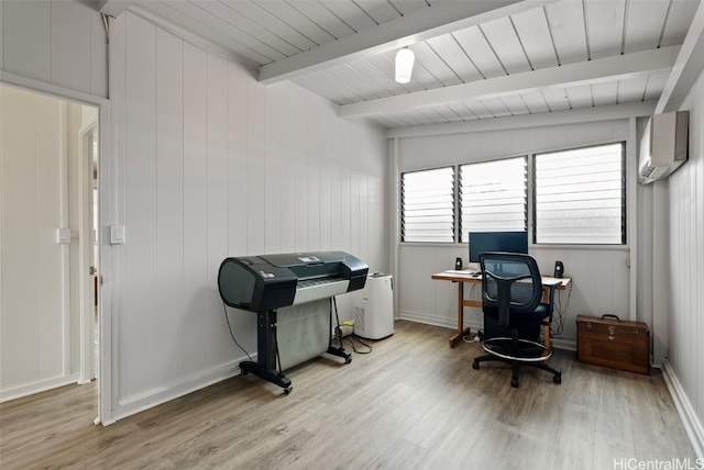 home office featuring light wood-style flooring, wood ceiling, baseboards, a wall mounted AC, and beam ceiling