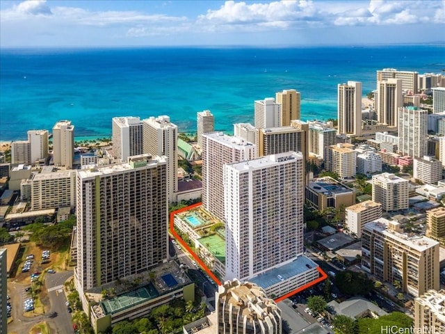 bird's eye view featuring a water view and a view of city