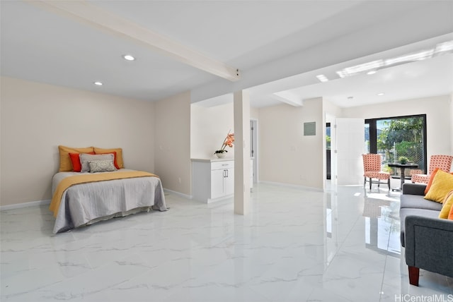 bedroom with marble finish floor, baseboards, beamed ceiling, and recessed lighting