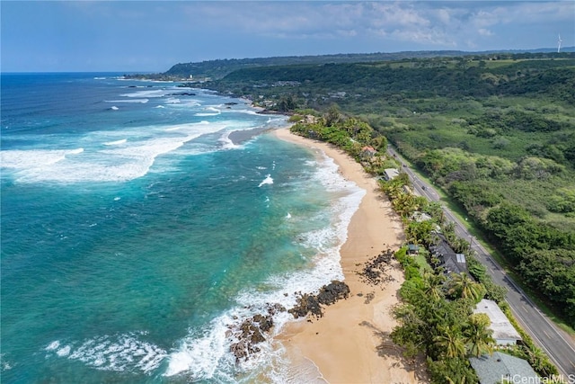 aerial view with a beach view and a water view