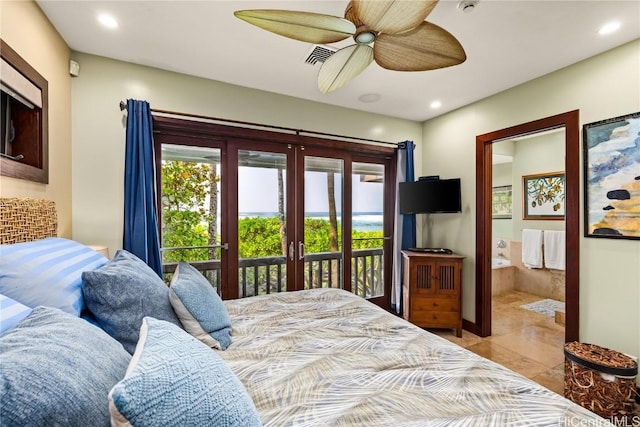 tiled bedroom with ceiling fan, ensuite bathroom, access to outside, french doors, and recessed lighting