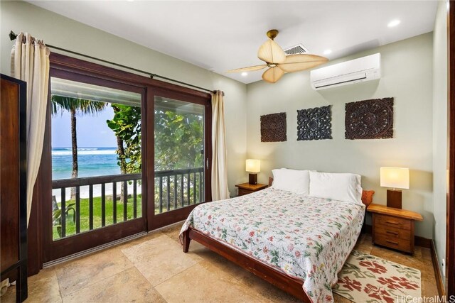 bedroom with baseboards, visible vents, access to outside, an AC wall unit, and recessed lighting