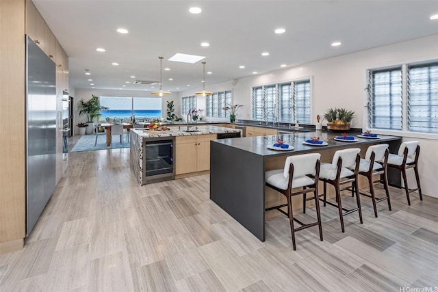 3735- Diamond Head Rd, Honolulu, HI 96816 - kitchen featuring beverage cooler, stainless steel built in fridge, recessed lighting, a sink, and a breakfast bar area