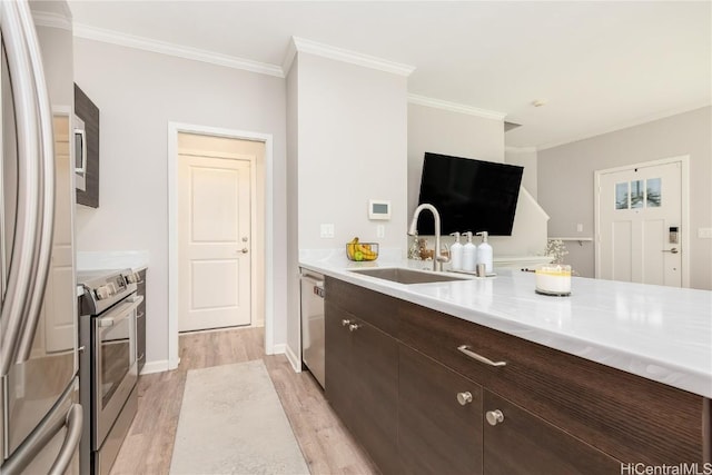 kitchen with light wood-style flooring, a sink, light countertops, dark brown cabinets, and appliances with stainless steel finishes