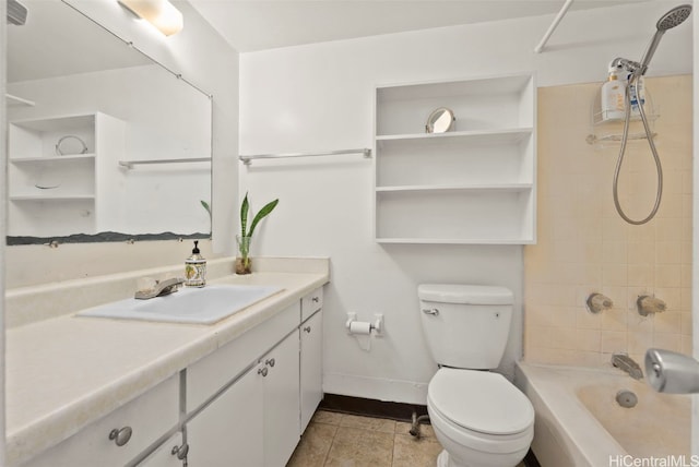 full bath featuring toilet, tub / shower combination, vanity, baseboards, and tile patterned floors