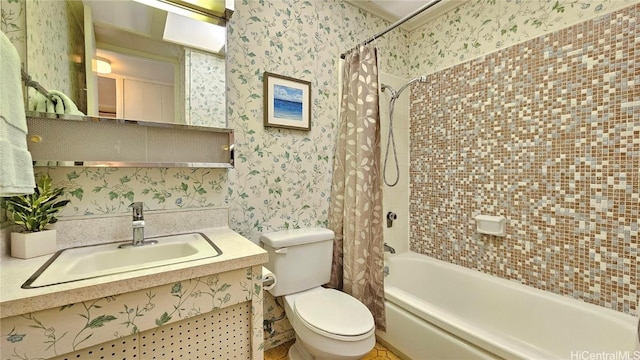 full bath featuring toilet, wallpapered walls, shower / bath combination with curtain, and vanity