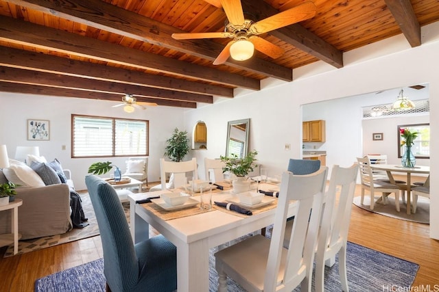 dining space featuring light wood-style floors, wood ceiling, beam ceiling, and a ceiling fan