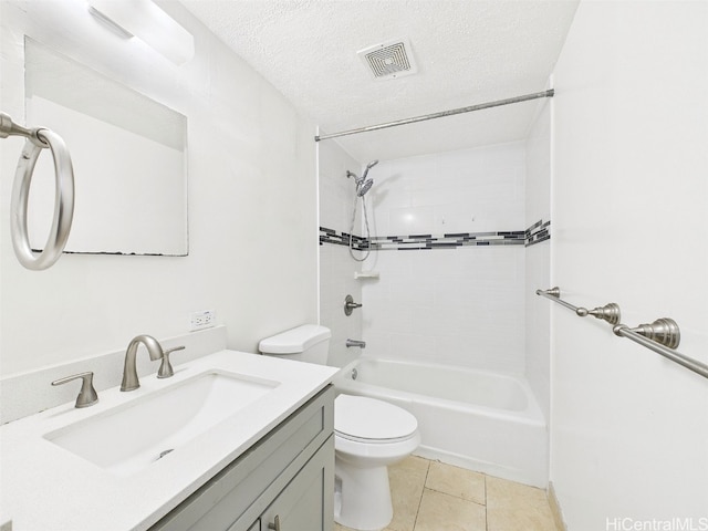 full bathroom featuring vanity, visible vents, a textured ceiling, tile patterned floors, and toilet