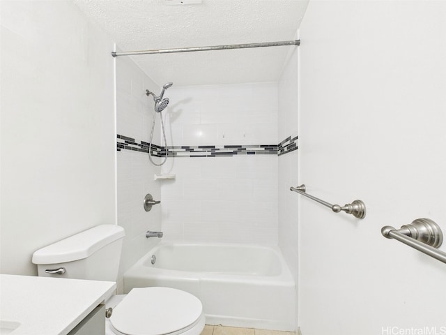 full bathroom featuring vanity, tub / shower combination, tile patterned flooring, a textured ceiling, and toilet