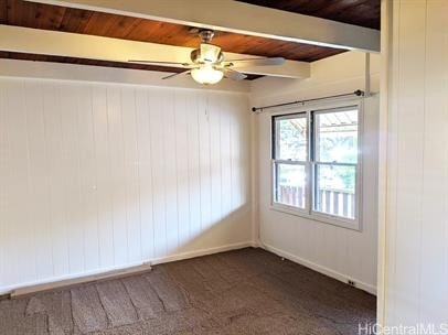 empty room with a ceiling fan, wood ceiling, dark colored carpet, wood walls, and beam ceiling