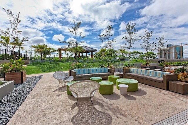 view of patio / terrace featuring a gazebo and an outdoor hangout area