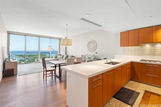 kitchen featuring wood finished floors, a peninsula, a sink, stainless steel gas stovetop, and expansive windows