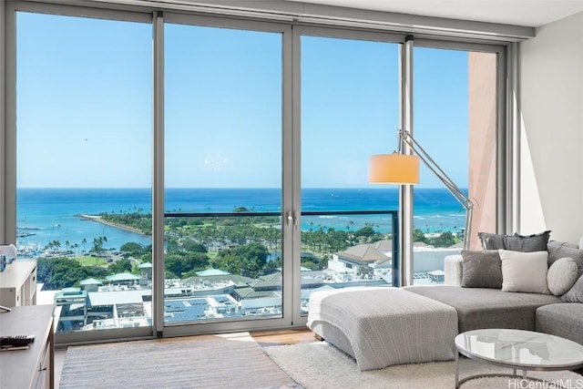 interior space featuring a wall of windows, wood finished floors, and a water view