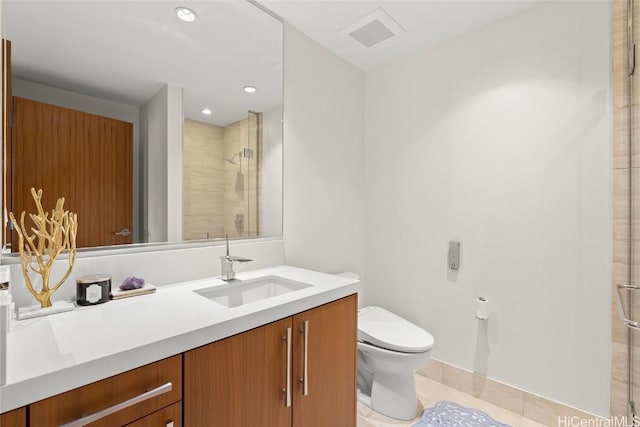 bathroom featuring tile patterned floors, visible vents, toilet, and a stall shower