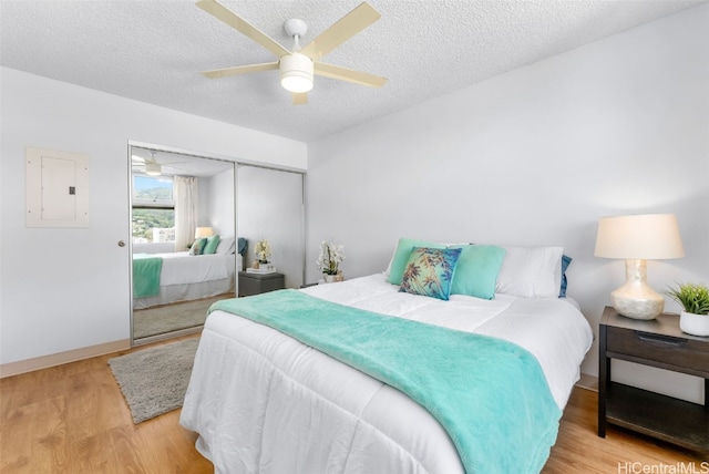 bedroom with electric panel, a closet, a textured ceiling, and light wood finished floors