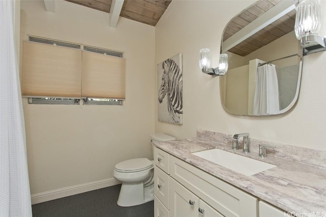 full bathroom featuring lofted ceiling with beams, baseboards, toilet, and wooden ceiling