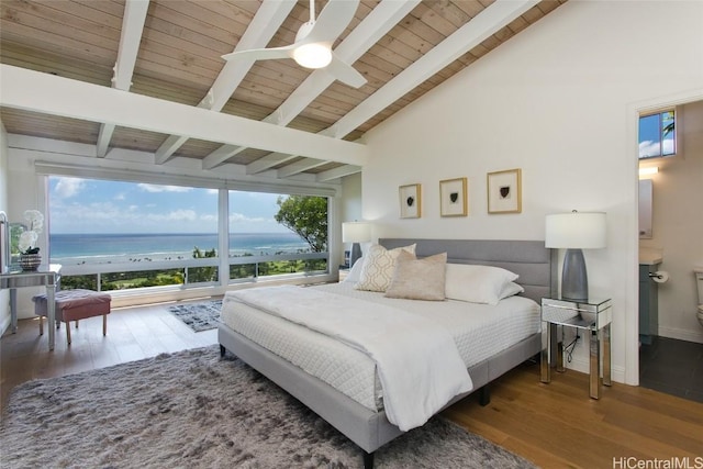 bedroom featuring wood finished floors, baseboards, a water view, wooden ceiling, and beamed ceiling