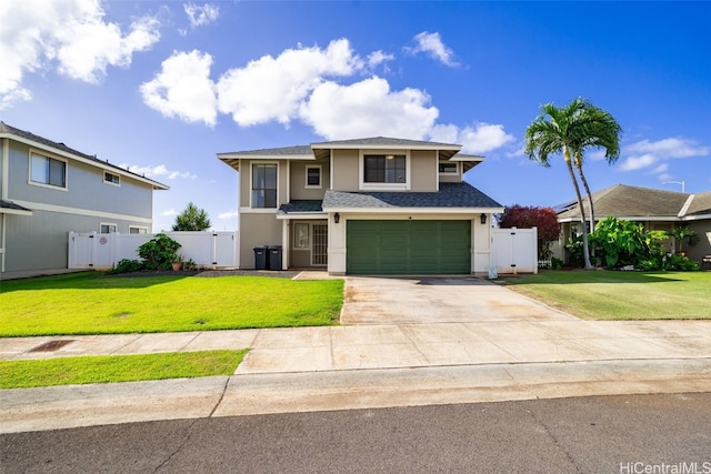 view of front of house featuring concrete driveway, a gate, fence, and a front yard