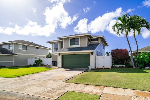 view of front of property with driveway, a front yard, a garage, and fence