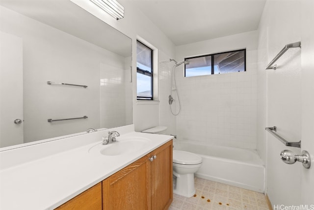 full bathroom with vanity, bathing tub / shower combination, and toilet