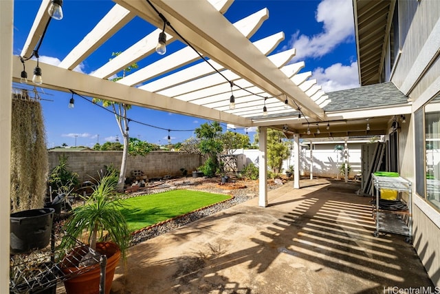 view of patio / terrace featuring a fenced backyard and a pergola