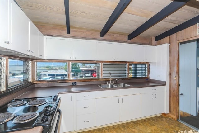 kitchen with electric range, white cabinets, dark countertops, beamed ceiling, and a sink