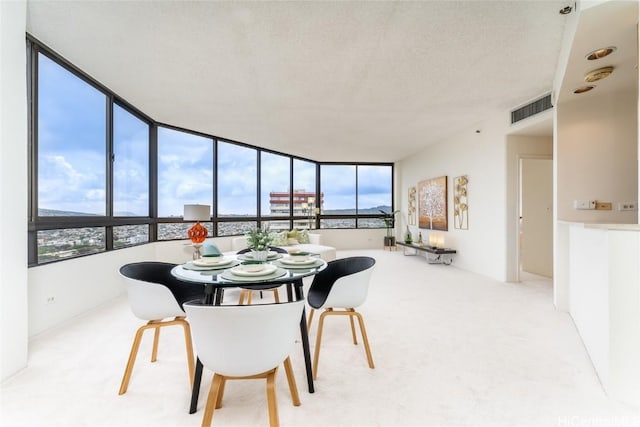 carpeted dining area with visible vents and a textured ceiling