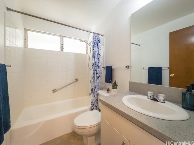 full bath with shower / bath combination with curtain, vanity, toilet, and tile patterned floors