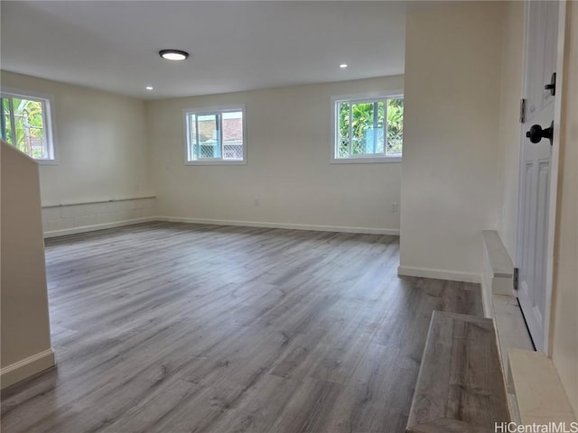 spare room featuring a wealth of natural light, baseboards, and wood finished floors