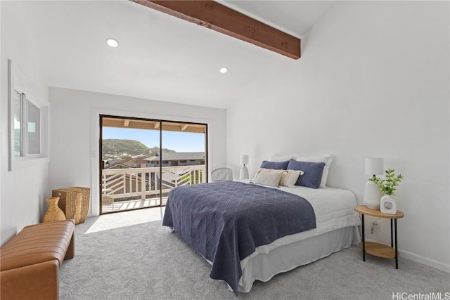 carpeted bedroom with vaulted ceiling with beams, recessed lighting, baseboards, and access to exterior