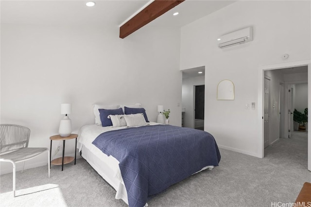 carpeted bedroom featuring baseboards, an AC wall unit, beam ceiling, and recessed lighting