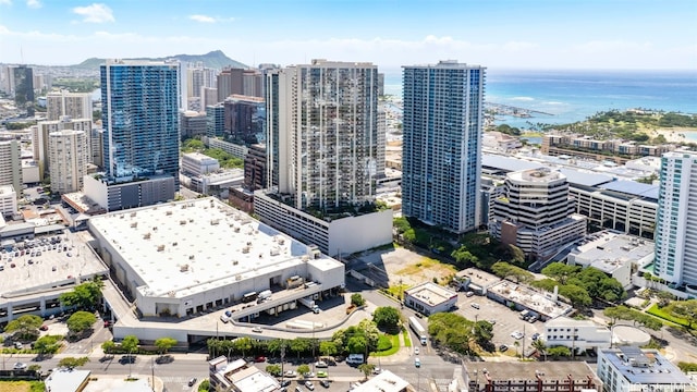 drone / aerial view featuring a water view and a view of city