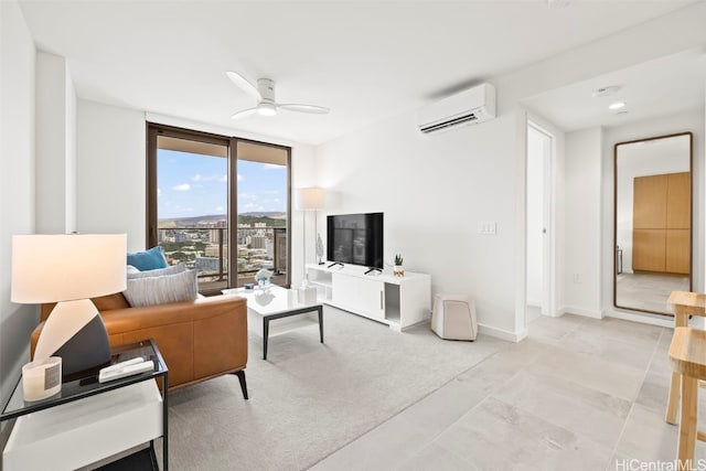 living area featuring ceiling fan, light colored carpet, baseboards, expansive windows, and a wall mounted air conditioner