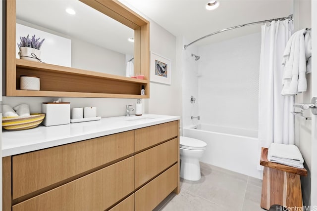 bathroom featuring shower / tub combo with curtain, recessed lighting, toilet, vanity, and tile patterned flooring