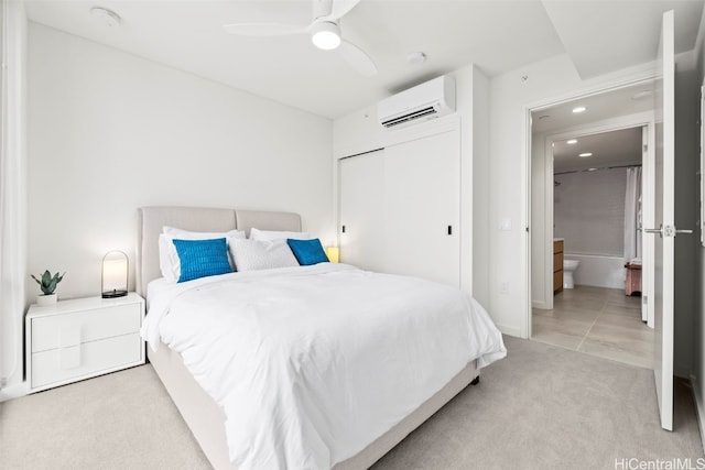 carpeted bedroom with recessed lighting, a closet, a wall unit AC, and ceiling fan