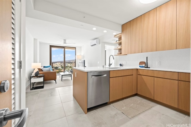 kitchen with open floor plan, a sink, a wall mounted air conditioner, dishwasher, and a peninsula