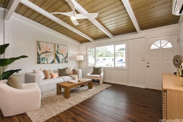 living room with dark wood-style flooring, lofted ceiling with beams, a ceiling fan, wooden ceiling, and a wall mounted air conditioner