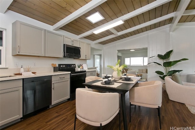 kitchen with vaulted ceiling with beams, dark wood-type flooring, wood ceiling, light countertops, and black appliances