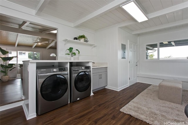 laundry room with cabinet space, dark wood-style floors, wooden ceiling, washer and dryer, and a sink