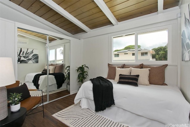 bedroom with lofted ceiling with beams, a wall mounted AC, wooden ceiling, and wood finished floors