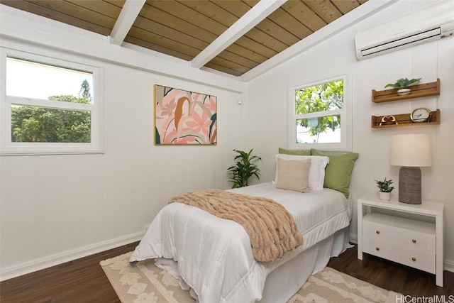 bedroom featuring dark wood-style flooring, a wall unit AC, vaulted ceiling with beams, wood ceiling, and baseboards