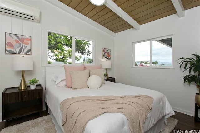 bedroom with wood ceiling, a wall mounted air conditioner, lofted ceiling with beams, and multiple windows