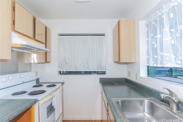 kitchen with white electric range, under cabinet range hood, a sink, dark countertops, and dishwasher