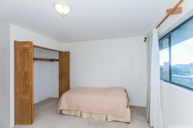 bedroom featuring a closet and light colored carpet