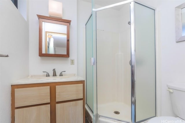 bathroom featuring toilet, a stall shower, and vanity