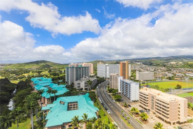 bird's eye view with a view of city and a mountain view