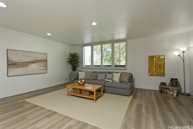 living area with wood finished floors and recessed lighting