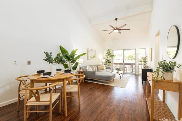 dining space featuring dark wood finished floors, baseboards, high vaulted ceiling, and a ceiling fan